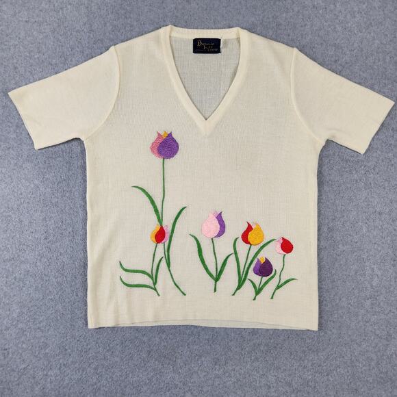 Vintage Bonnie Lee by Leroy Sweater Women Size 40 Yellow Floral Embroider V Neck - Picture 3 of 8